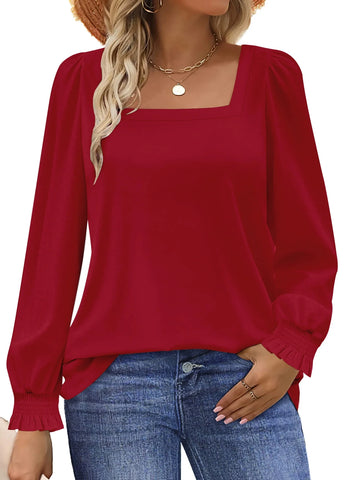 UVN Blouses for Women Square Neck Long Sleeve Shirts Dressy Casual Tunic Tops