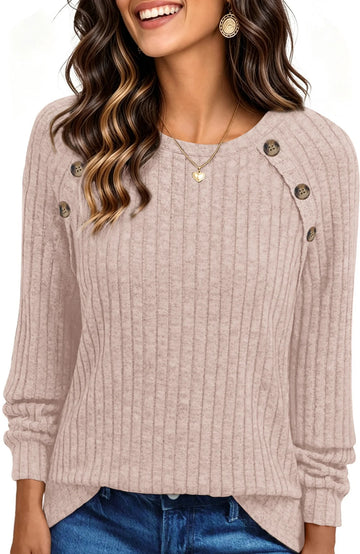 UVN Blouses for Women Long Sleeve Buttons Shirts Dressy Crew Neck Tunic Tops Fall Casual Lightweight Sweaters