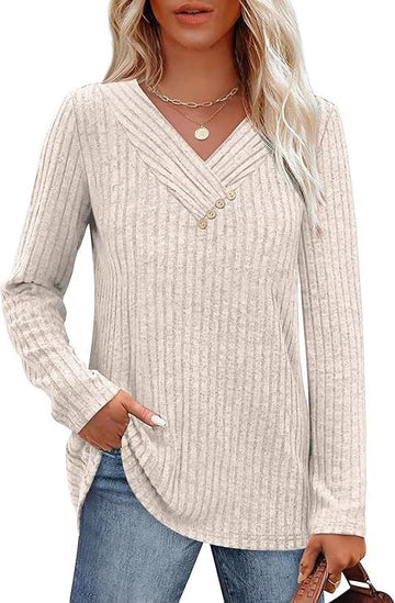 UVN V Neck Blouses for Women Button Long Sleeve Shirts Dressy Casual Fall Sweaters Tunic Tops