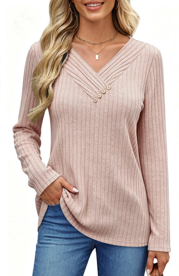 UVN V Neck Blouses for Women Button Long Sleeve Shirts Dressy Casual Fall Sweaters Tunic Tops