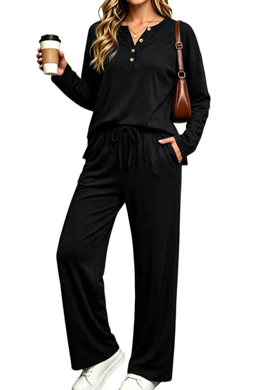 UVN Two Piece Outfits Sets for Women Casual Color Block Striped Sweatsuits Long Sleeve V Neck Button Henley Shirts Wide Leg Pants Tracksuits Travel Lounge Matching Sets with Pockets
