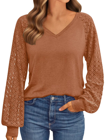 UVN Blouses for Women Dressy Lace Long Sleeve Shirts Fall Casual V Neck Tunic Tops