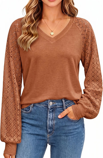 UVN Blouses for Women Dressy Lace Long Sleeve Shirts Fall Casual V Neck Tunic Tops