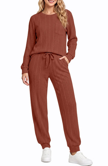 UVN Two Piece Sets for Women Casual Outfits Sets Textured Long Sleeve Shirts and Long Pants Lounge Set Fall Pajama Sets with Pockets