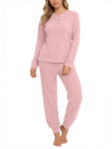 UVN Pajama Sets for Women Waffle Knit Lounge Sets Long Sleeve Henley Shirts and Long Pants Sleepwear 2 Piece Pjs Soft Comfy Loungewear with Pockets