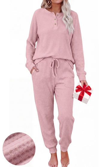 UVN Pajama Sets for Women Waffle Knit Lounge Sets Long Sleeve Henley Shirts and Long Pants Sleepwear 2 Piece Pjs Soft Comfy Loungewear with Pockets