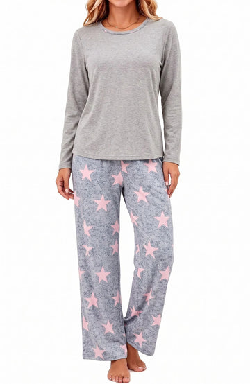 UVN Women Pajamas Sets Long Sleeve 2 Piece Lounge Set Casual Crewneck Sleepwear Tops and Long Printed Pants Soft Pjs Outfits with Pockets