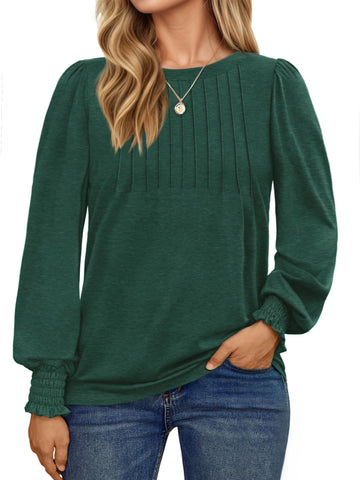UVN Plus Size Tops for Women Pleated Long Sleeve Shirts Dressy Casual Crewneck Fall Blouses