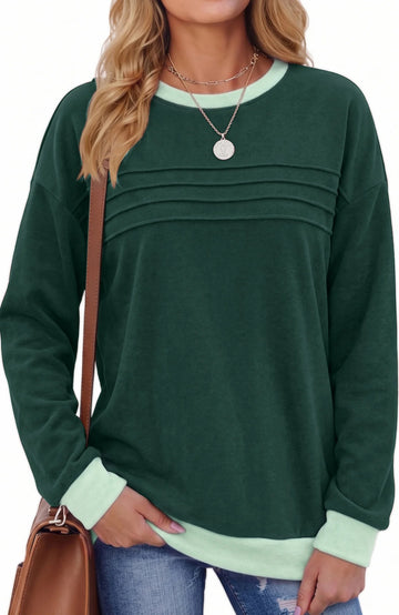 UVN Sweatshirts for Women Casual Long Sleeve Shirts Loose Fit Pleated Front Crewneck Tunic Tops