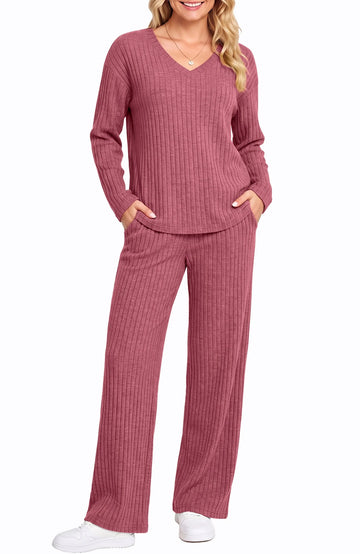 UVN Outfit Sets for Women Two Piece Sets Winter Casual Long Sleeve Tops and Long Pants Lounge Sets Ribbed Knit Pajama Sets with Pockets