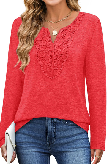 UVN Lace Blouses for Women V Neck Long Sleeve Shirts Fall Trendy Casual Tunic Tops