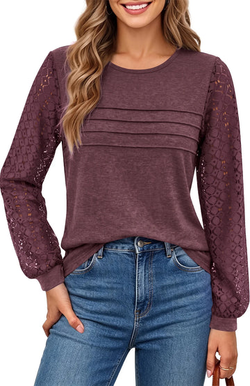 UVN Blouses for Women Dressy Lace Pleated Tunic Tops Casual Long Sleeve Fall Shirts