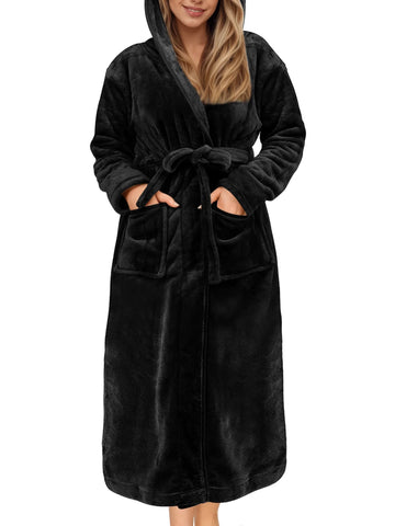 UVN Long Robes for Women Winter Plush Fleece Hooded Bathrobe Soft Cozy Fluffy Sleepwear Nightgown with Pockets