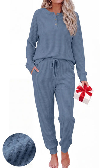 UVN Pajama Sets for Women Waffle Knit Lounge Sets Long Sleeve Henley Shirts and Long Pants Sleepwear 2 Piece Pjs Soft Comfy Loungewear with Pockets
