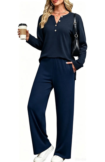 UVN Two Piece Outfits Sets for Women Casual Color Block Striped Sweatsuits Long Sleeve V Neck Button Henley Shirts Wide Leg Pants Tracksuits Travel Lounge Matching Sets with Pockets