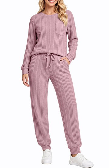 UVN Two Piece Sets for Women Casual Outfits Sets Textured Long Sleeve Shirts and Long Pants Lounge Set Fall Pajama Sets with Pockets