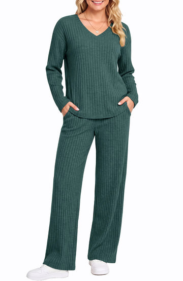 UVN Outfit Sets for Women Two Piece Sets Winter Casual Long Sleeve Tops and Long Pants Lounge Sets Ribbed Knit Pajama Sets with Pockets