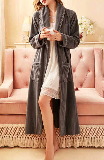 UVN Robes for Women Lace Long Sleeve Kimono Bathrobe Winter Fleece Wrap Long Robe Soft Warm Sleepwear with Pockets