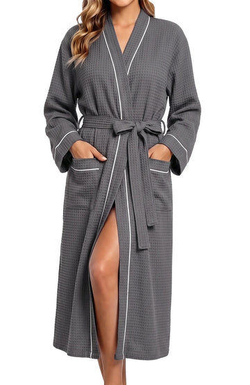 UVN Long Robes for Women Long Sleeve Kimono Bathrobe Waffle Knit Wrap Robe Soft Cozy Lightweight Sleepwear Nightgown with Pockets