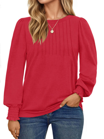 UVN Plus Size Tops for Women Pleated Long Sleeve Shirts Dressy Casual Crewneck Fall Blouses