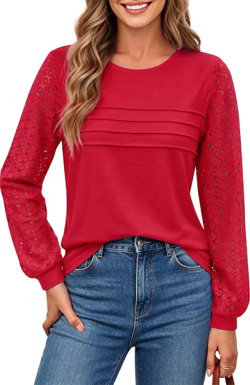 UVN Blouses for Women Dressy Lace Pleated Tunic Tops Casual Long Sleeve Fall Shirts