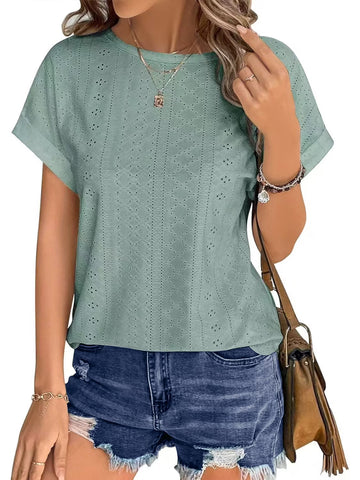 UVN T Shirts for Women Summer Short Sleeve Eyelet Tops Dressy Casual Crewneck Blouses