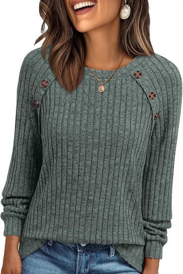 UVN Blouses for Women Long Sleeve Buttons Shirts Dressy Crew Neck Tunic Tops Fall Casual Lightweight Sweaters