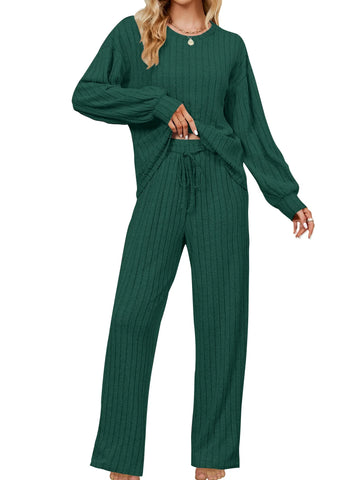 UVN Pajama Sets for Women Long Sleeve Lounge Set Ribbed Knit Sleepwear 2 Piece Pjs Soft Loungewear with Pockets