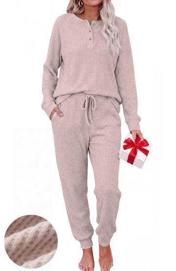 UVN Pajama Sets for Women Waffle Knit Lounge Sets Long Sleeve Henley Shirts and Long Pants Sleepwear 2 Piece Pjs Soft Comfy Loungewear with Pockets