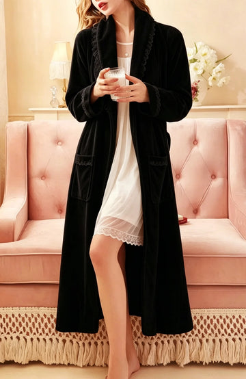 UVN Robes for Women Lace Long Sleeve Kimono Bathrobe Winter Fleece Wrap Long Robe Soft Warm Sleepwear with Pockets