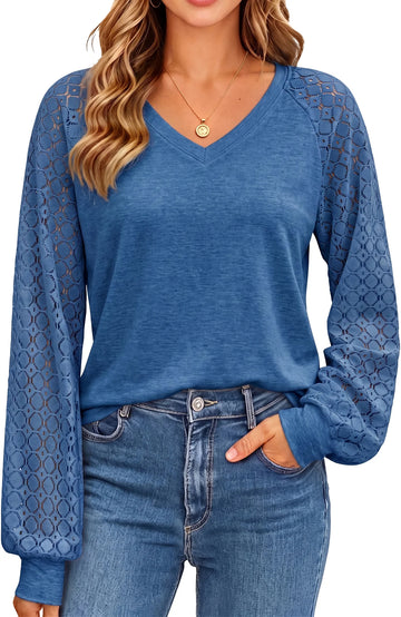 UVN Blouses for Women Dressy Lace Long Sleeve Shirts Fall Casual V Neck Tunic Tops
