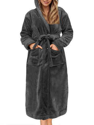 UVN Long Robes for Women Winter Plush Fleece Hooded Bathrobe Soft Cozy Fluffy Sleepwear Nightgown with Pockets