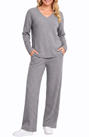 UVN Outfit Sets for Women Two Piece Sets Winter Casual Long Sleeve Tops and Long Pants Lounge Sets Ribbed Knit Pajama Sets with Pockets