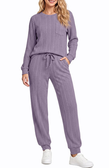 UVN Two Piece Sets for Women Casual Outfits Sets Textured Long Sleeve Shirts and Long Pants Lounge Set Fall Pajama Sets with Pockets