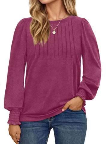 UVN Plus Size Tops for Women Pleated Long Sleeve Shirts Dressy Casual Crewneck Fall Blouses