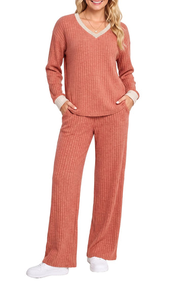 UVN Outfit Sets for Women Two Piece Sets Winter Casual Long Sleeve Tops and Long Pants Lounge Sets Ribbed Knit Pajama Sets with Pockets