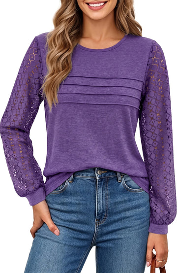 UVN Blouses for Women Dressy Lace Pleated Tunic Tops Casual Long Sleeve Fall Shirts