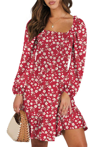 UVN Dresses for Women Casual Long Sleeve Square Neck Dress Ruffle Pleated Flowy Midi Dress