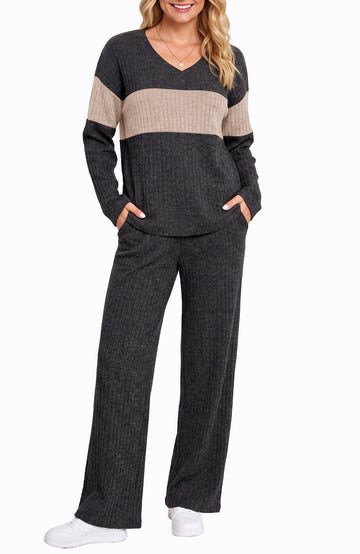 UVN Outfit Sets for Women Two Piece Sets Winter Casual Long Sleeve Tops and Long Pants Lounge Sets Ribbed Knit Pajama Sets with Pockets