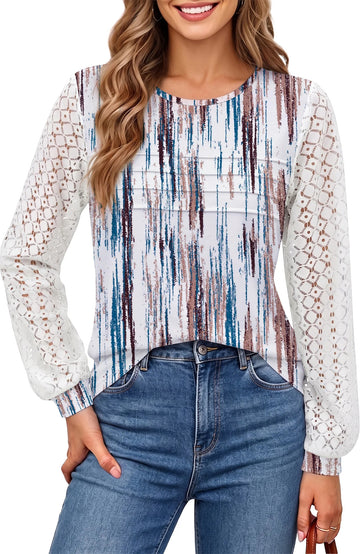 UVN Blouses for Women Dressy Lace Pleated Tunic Tops Casual Long Sleeve Fall Shirts