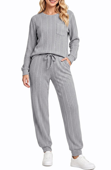 UVN Two Piece Sets for Women Casual Outfits Sets Textured Long Sleeve Shirts and Long Pants Lounge Set Fall Pajama Sets with Pockets