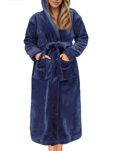 UVN Long Robes for Women Winter Plush Fleece Hooded Bathrobe Soft Cozy Fluffy Sleepwear Nightgown with Pockets