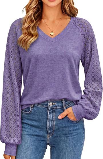 UVN Blouses for Women Dressy Lace Long Sleeve Shirts Fall Casual V Neck Tunic Tops