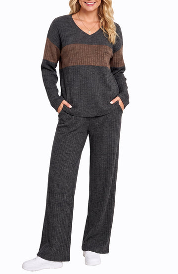 UVN Outfit Sets for Women Two Piece Sets Winter Casual Long Sleeve Tops and Long Pants Lounge Sets Ribbed Knit Pajama Sets with Pockets