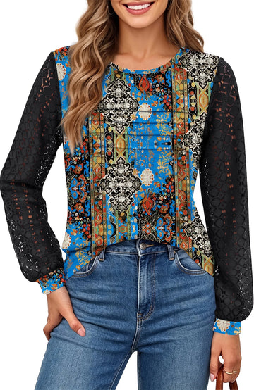 UVN Blouses for Women Dressy Lace Pleated Tunic Tops Casual Long Sleeve Fall Shirts