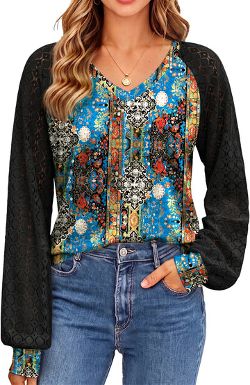 UVN Blouses for Women Dressy Lace Long Sleeve Shirts Fall Casual V Neck Tunic Tops