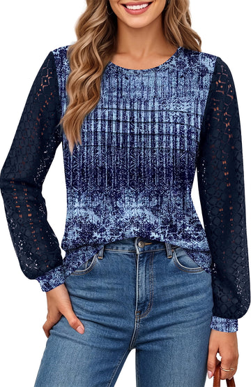 UVN Blouses for Women Dressy Lace Pleated Tunic Tops Casual Long Sleeve Fall Shirts