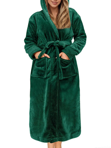 UVN Long Robes for Women Winter Plush Fleece Hooded Bathrobe Soft Cozy Fluffy Sleepwear Nightgown with Pockets