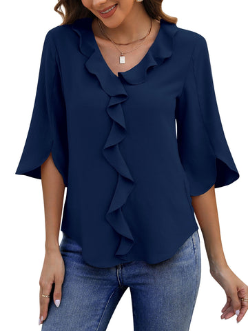 UVN Chiffon Blouses for Women Dressy Ruffle V Neck Tops Summer Casual 3/4 Sleeve Shirts