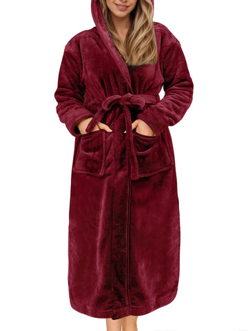 UVN Long Robes for Women Winter Plush Fleece Hooded Bathrobe Soft Cozy Fluffy Sleepwear Nightgown with Pockets